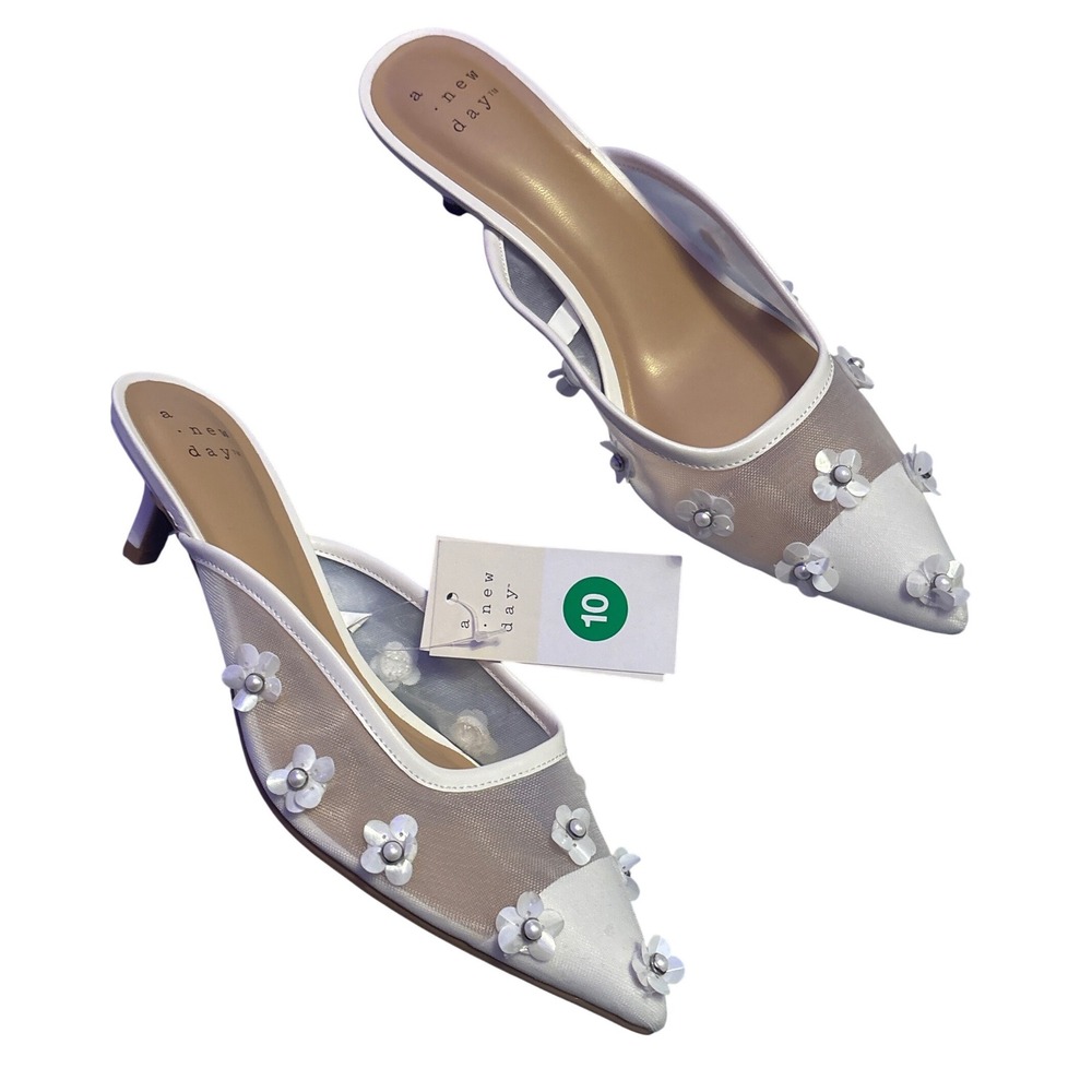 NEW A New Day Delilah White Mesh Floral Pointed Toe Mule Kitteni Heels 10